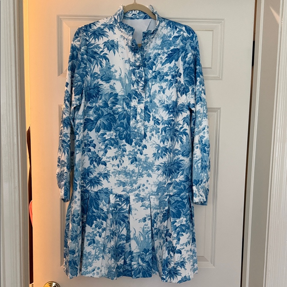 Blue and White Floral Button Tunic Dress